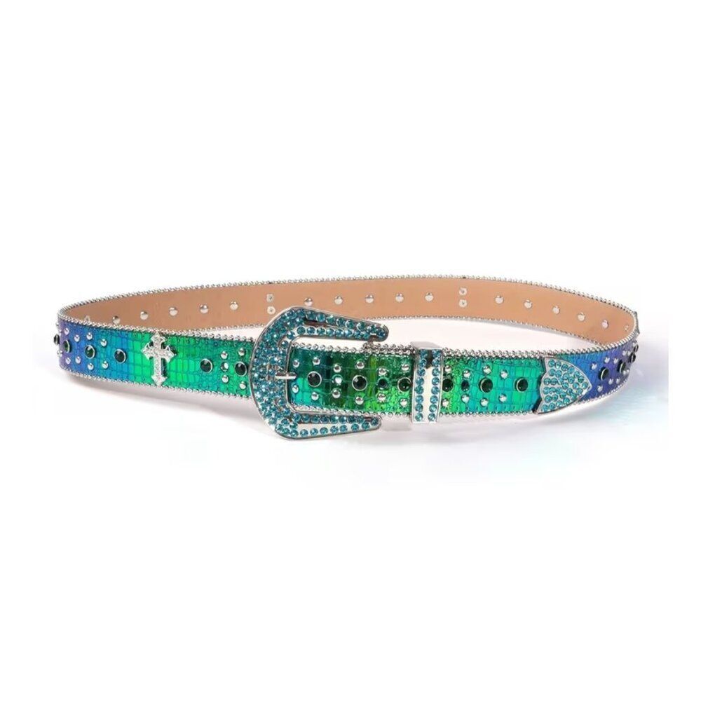 NWT Western Cowgirl Bling Rhinestone Belt Iridescent Green XL - Picture 4 of 5